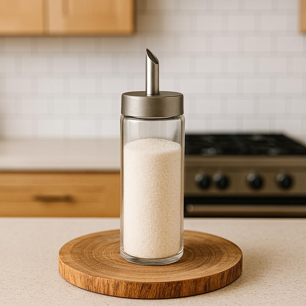 Neat Pour Sugar Dispenser, Shaker & Pourer - MODERN STYLE Brushed Nickel with Stainless Steel Lid, Dishwasher Safe for Sugar, Salt, Cocoa, Sprinkles. 8.4oz for coffee, tea, and baking (Pack of 1)