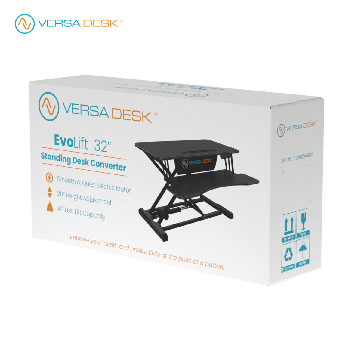 VERSADESK EvoLift 32" Electric Standing Desk Converter, Sit to Stand Motorized Desk Riser, 1-Button Easy Lift, Dual Monitor Workstation, Wide Keyboard Tray, Built-in Device Stand, Black