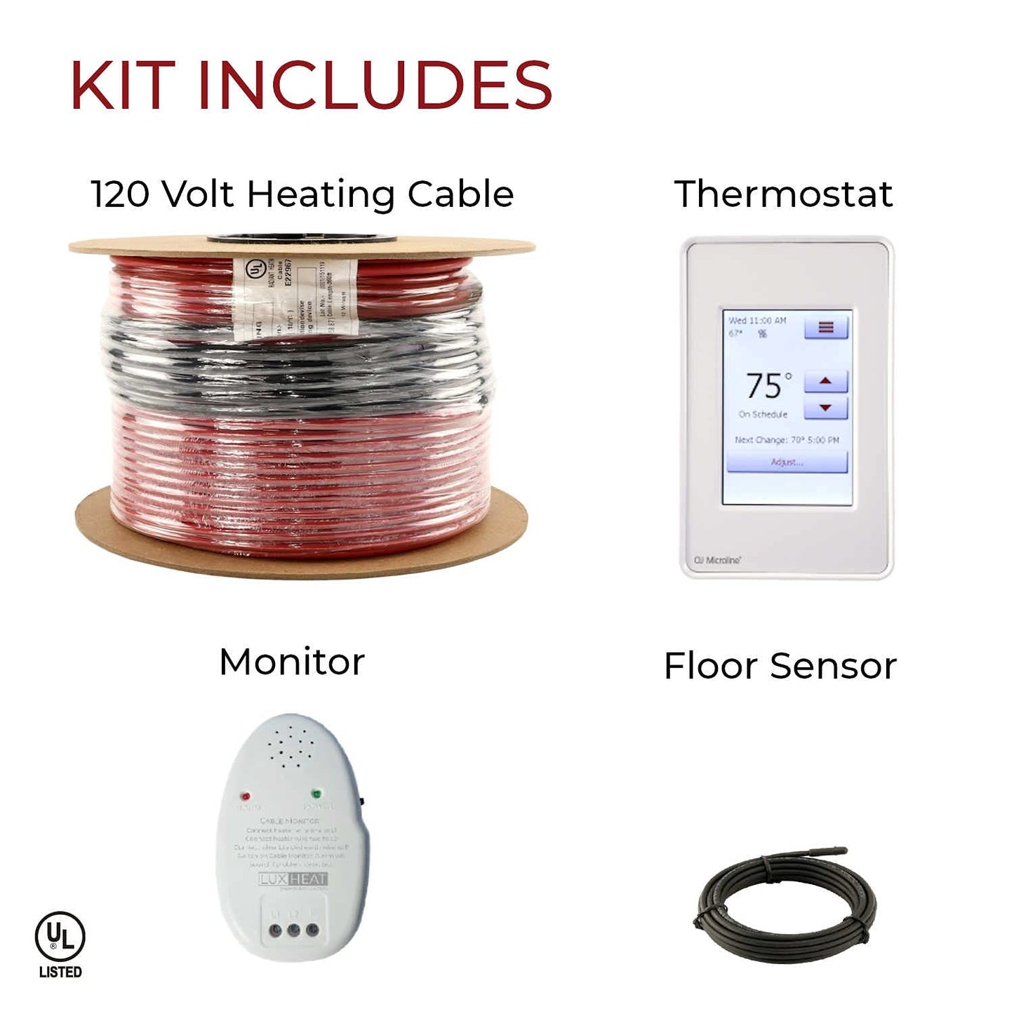 LuxHeat 90sqft Floor Heating Cable Kit - 120v Radiant Heated Flooring Kit - Heated Flooring System Includes UDG4 Programmable Thermostat w/GFCI, Underfloor Heating Cable, Alarm & Floor Sensor