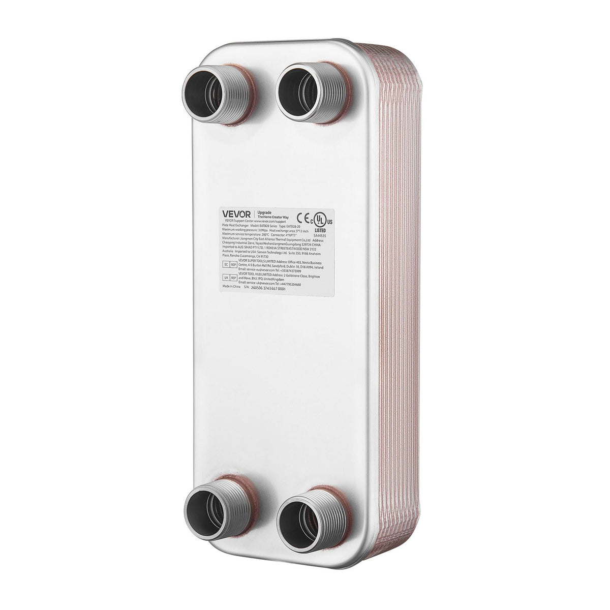 VEVOR Plate Heat Exchanger, 5 x 12 in Brazed Plate Water to Water Heat Exchanger with 20 Plates, Mounting Bracket, Sturdy Stainless Steel Construction, 170-330K BTU for Boiler, Radiant Floor Heating
