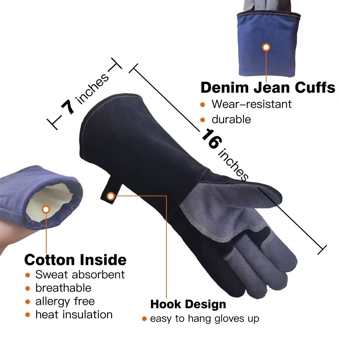 WZQH 40 CM / 16 IN, Leather BBQ Gloves, Fire and Heat Resistant Mitts for Barbecue, Welding, Firefighting, Fireplace, Oven, Baking, Stove, Pot Holder, Animal Handling. Grey-black Large Fireproof Glove