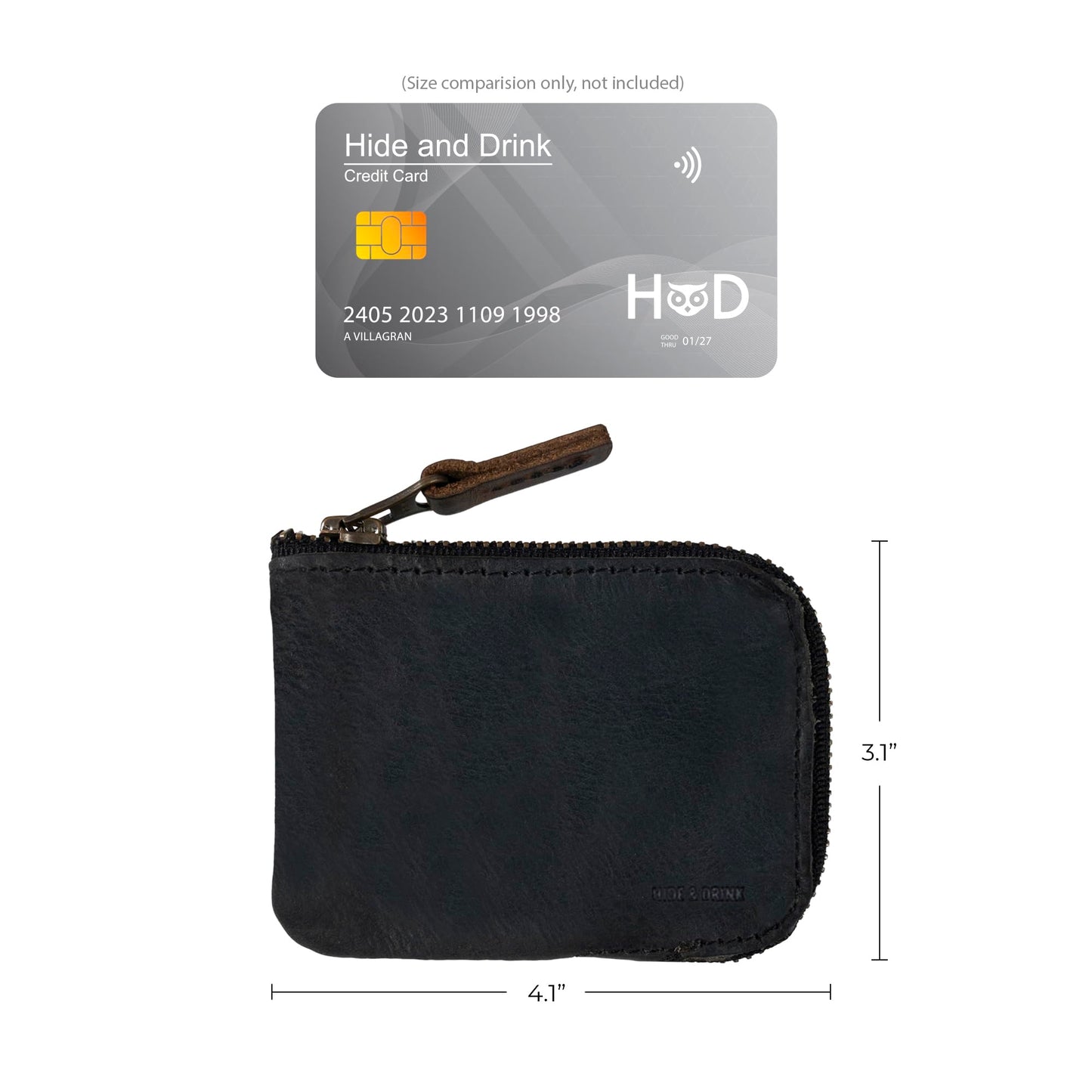 Hide & Drink, Full Grain Leather Zippered Card Wallet for Men and Women, Coin Pouch, Money Holder, Pocket Organizer, Handmade, Charcoal Black
