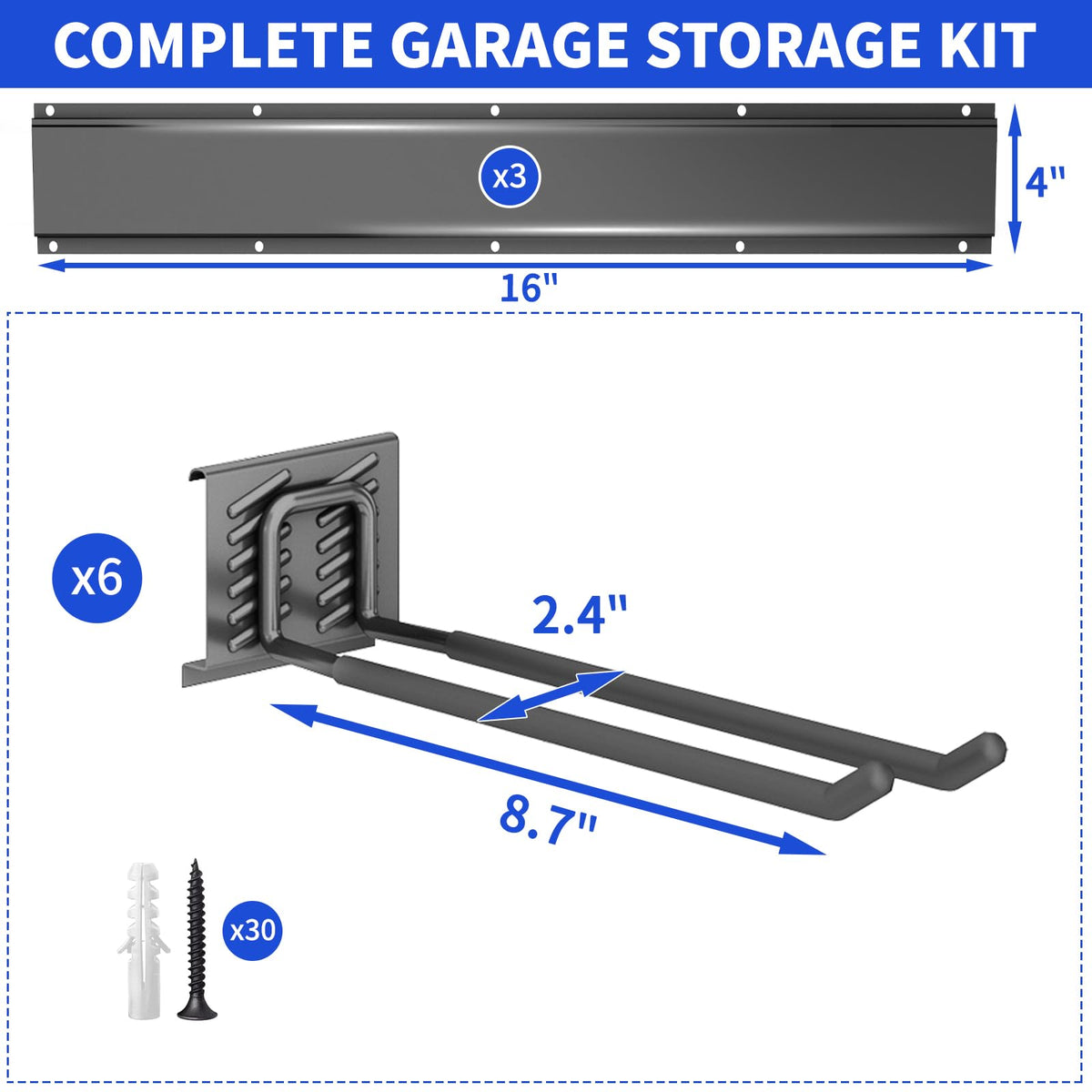 CRXCRC Garage Tool Organizer Wall Mount, 48 Inch Heavy Duty Garden Tool Organizer Storage System, Easy Install with 6 Adjustable Straight Hooks, for Garage, Basement, Shed, Workshop, Black, Steel