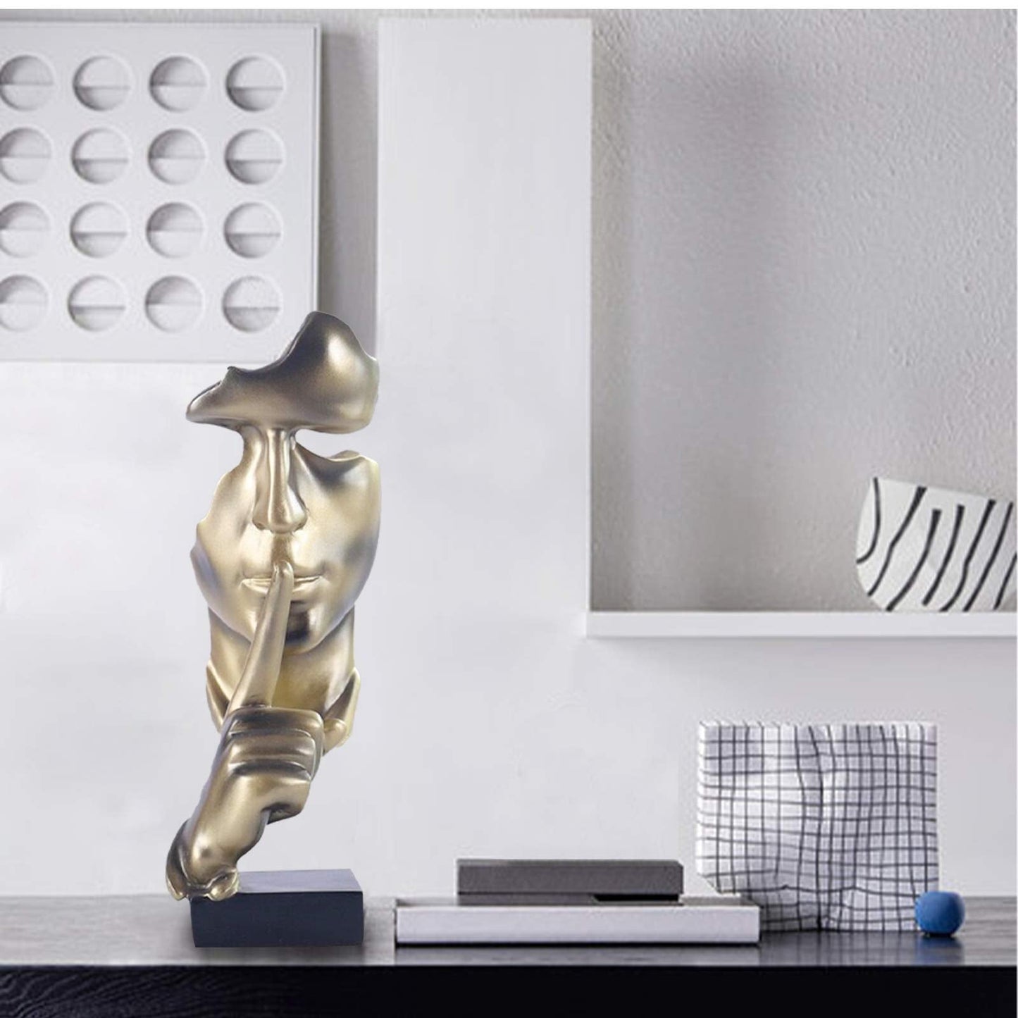 aboxoo Thinker Statue, Silence is Gold Abstract Art Figurine,Modern Home Resin Sculptures Decorative Objects,Table Top Decor for Livingroom Home Decor,Office Study Sculpture,Shh mask Statue(Gold)