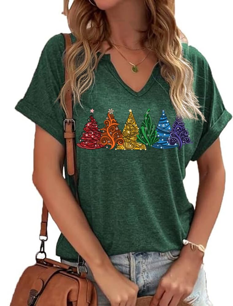 Earlymemb Womens Colorful Christmas Tree V Neck Shirt Funny Xmas Star Graphic Tee Winter Holiday Short Sleeve Gift Tops Blouse(L,I-Green)