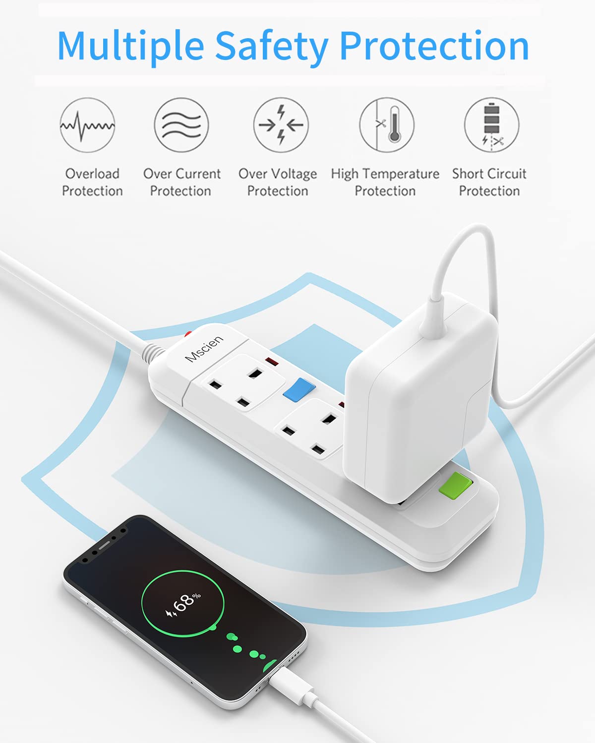 Mscien Extension Lead with Switches, 3 Way Plug Sockets with Overload Protection Surge Protection 1.8M Extension Cable Wall Mountable Power Strip