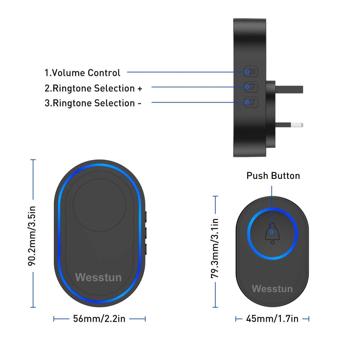 Wesstun Wireless Doorbell with 2 Receivers, IP67 Waterproof Door Chime Kit Operating at The Range of 300m, 2 Plug-in Door Bell Receivers with 39 Ringtones, LED Light & 5-Level Volume Control, Black