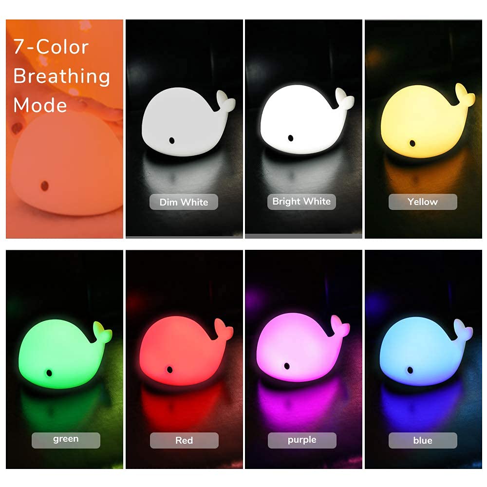 OURRY Cute Whale Night Light for Kids,Kawaii Baby Night Light with 7 LED Colors Changing,Tap Control Nursery Squishy Night Lamp,USB Rechargeable,Birthday Gifts for Baby,Girls,Boys,Toddler,Children