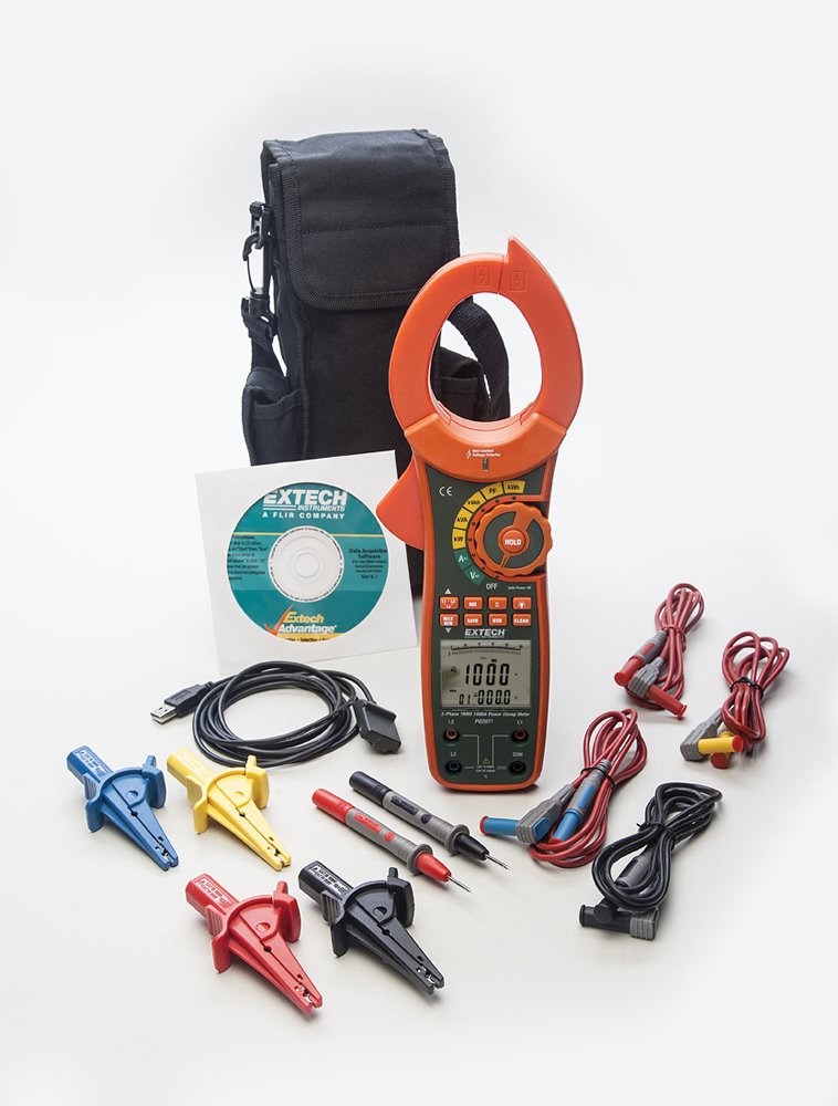 Extech PQ2071-1000 A 1-/3‑Phase True RMS Power Clamp Meter – AC Current, Voltage, Frequency, Power Measurements (kW, kVA, kVAR, kWh), Power Factor & Phase, Data Logging with USB