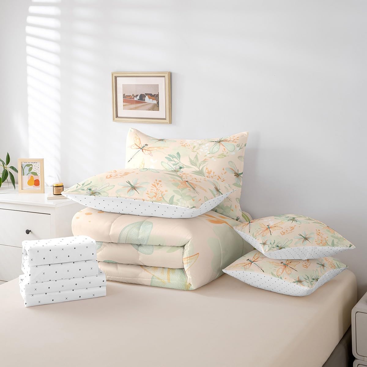 Erosebridal Dragonfly Full Bedding Sets 7-Piece Chic Animal Comforter Set Green Plants Comforter Set with Sheets Spring Theme Bed in A Bag,Beige Bed Sheets Set Butterfly Kids Girls Room Decor