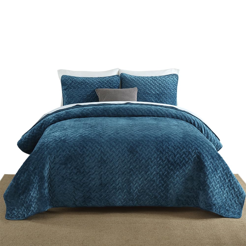 Liians Velvet Bedspread Quilt Bedding Sets,Luxury Elegant Ultra Soft Velvet Comforters Coverlet Blankets,Weave Stitching Pattern Cotton Quilted Bedspread for All Seasons,Azure Blue,Queen Size