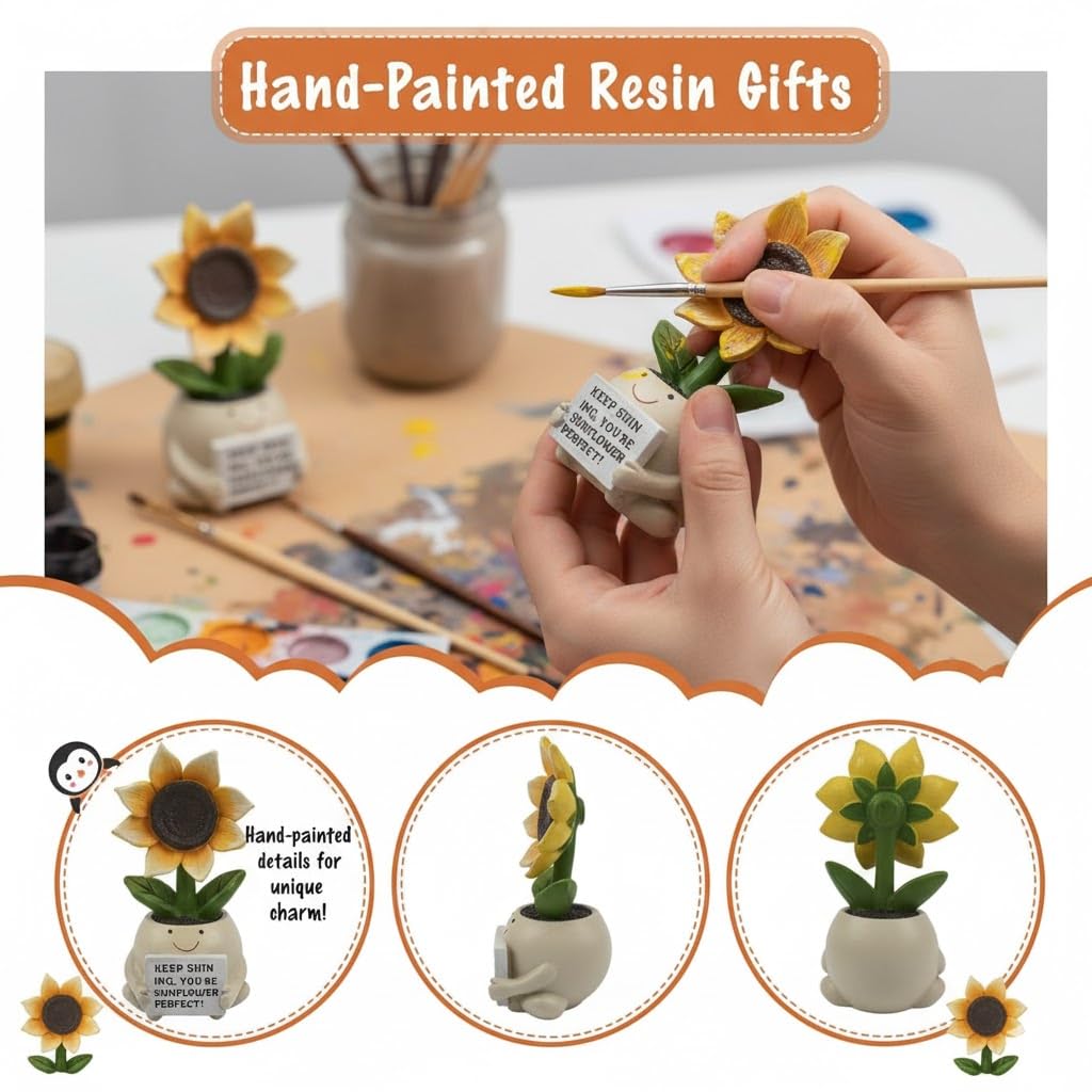 Inspirational Sunflower Gifts for Women Men, Keep Shining Resin Desk Decor, Cute Mini Plant Pot Figurine - Unique Thinking of You Encouragement Present for Coworker Friend Get Well Soon (Sunflower)