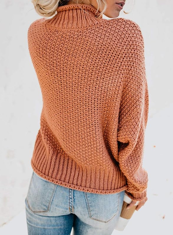 Dokotoo Fall Sweaters for Women 2025 Batwing Long Sleeve Turtleneck Sweaters Solid Autumn Basic Casual Halloween Sweaters Loose Oversized Chunky Knit Pullovers Sweaters Jumper Orange Blouses Medium