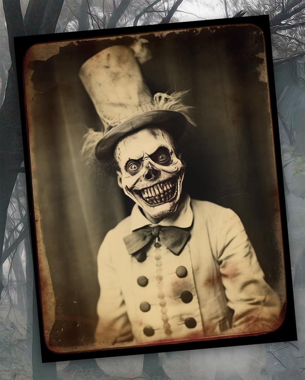 Vintage Zombie Clown in a Top Hat with Creepy Wide Grin Picture Portrait Poster Unframed 11x14 Print - Is It Real Gothic, Weird, Bizarre, Strange, Oddities, Unusual, Freaky, Creepy, Spooky, Scary,