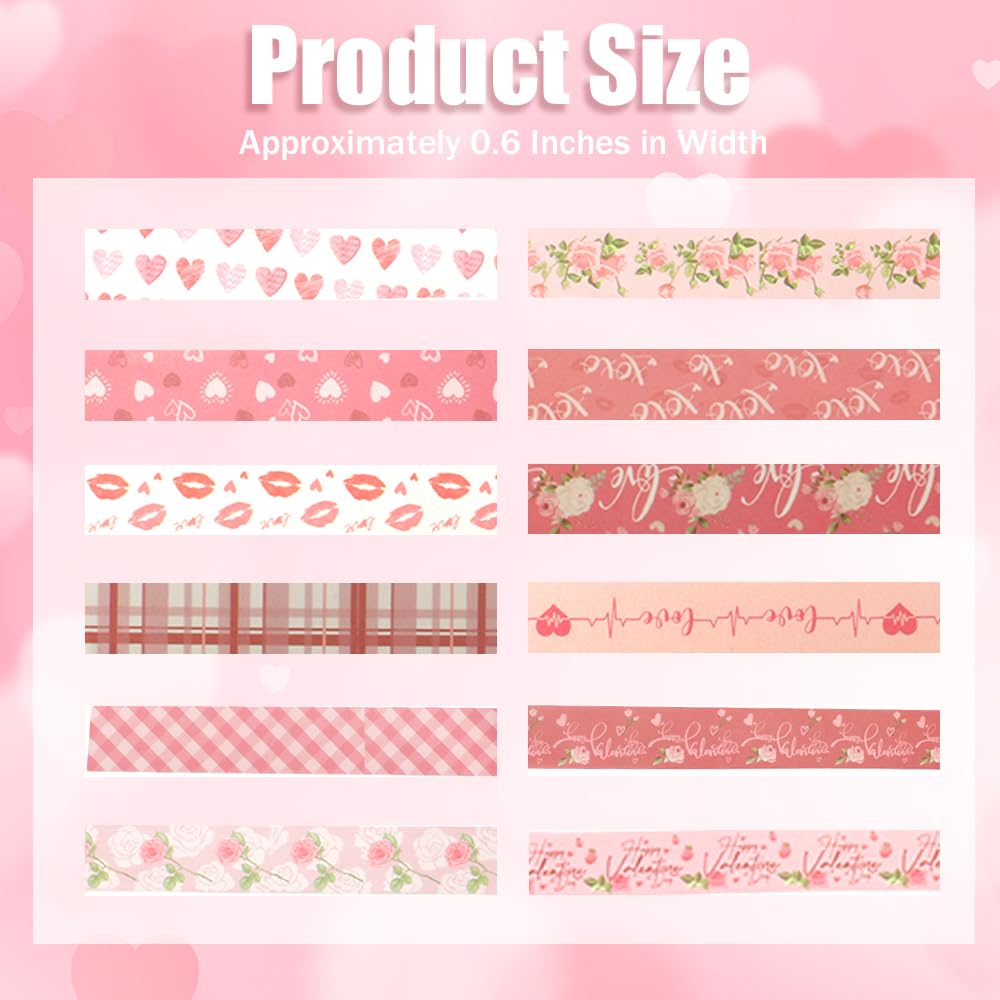 Koudindg Pink Red Washi Tape Set for Valentine's Day 12 Rolls Washi Tape for Journaling Anniversary Scrapbook Supplies Love Scrapbook Stickers Gifts for Girlfriend Stocking Stuffers for Women