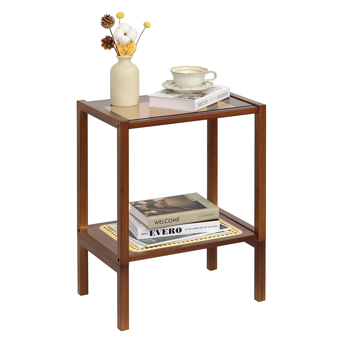Mordchil HF 2-Tier Bamboo Side Table, Modern Glasstop Rattan Side Table, Mid Century Wood Sofa-Side End Tables for Living Room, Bedroom Night Stand with Storage, Small Narrow Coffee Tables, Walnut