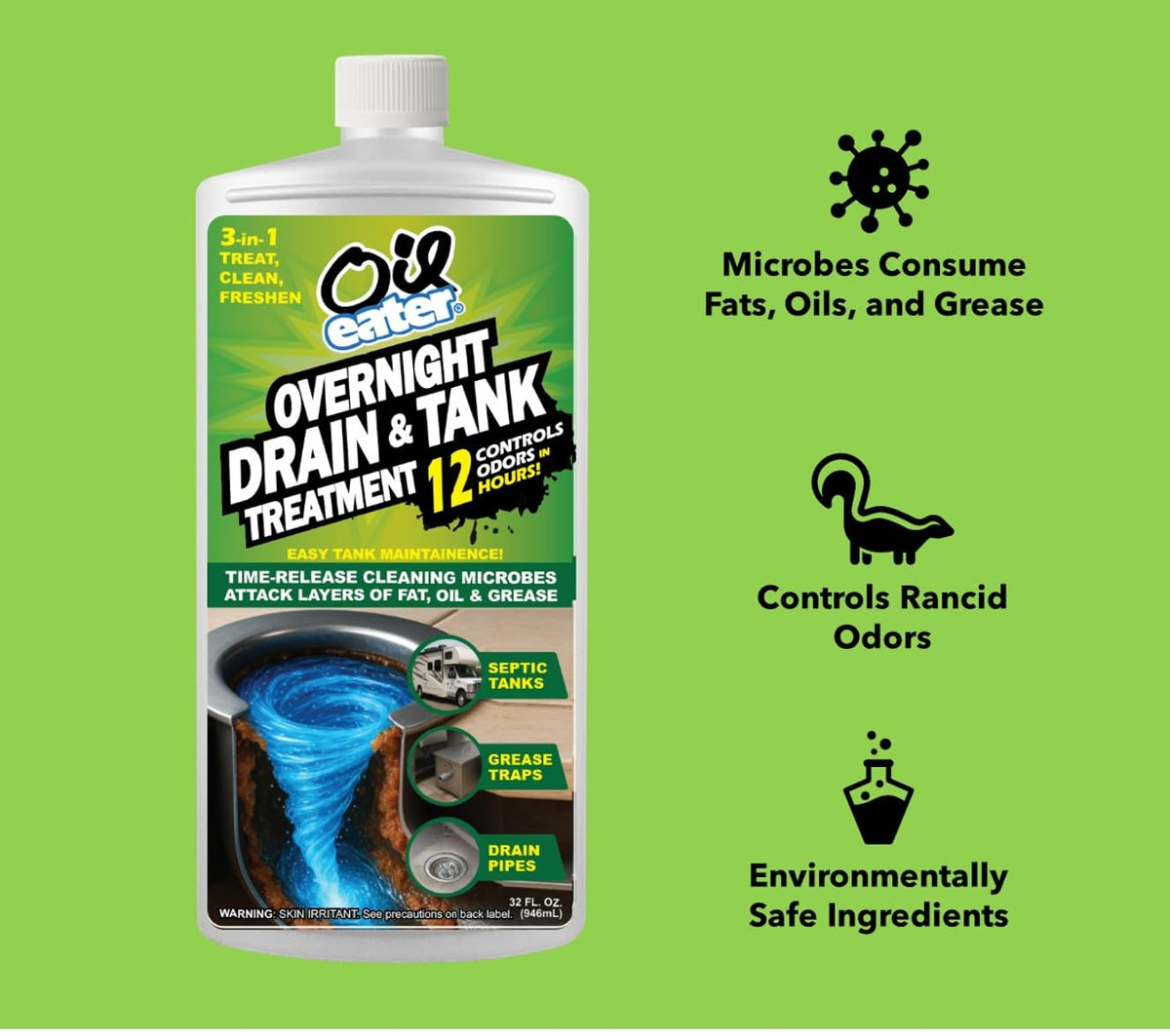 Oil Eater 3-in-1 Microbial Tank Treatment Cleaner, Deodorizer - Grease Traps, Septic Tanks & Drain Pipes, 5-Gallon Pail