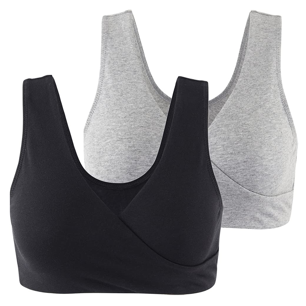COLOMI Maternity Nursing Bra Wireless Cotton Breastfeeding Bra for Sleep (Black+Grey/2Pack, L, l)