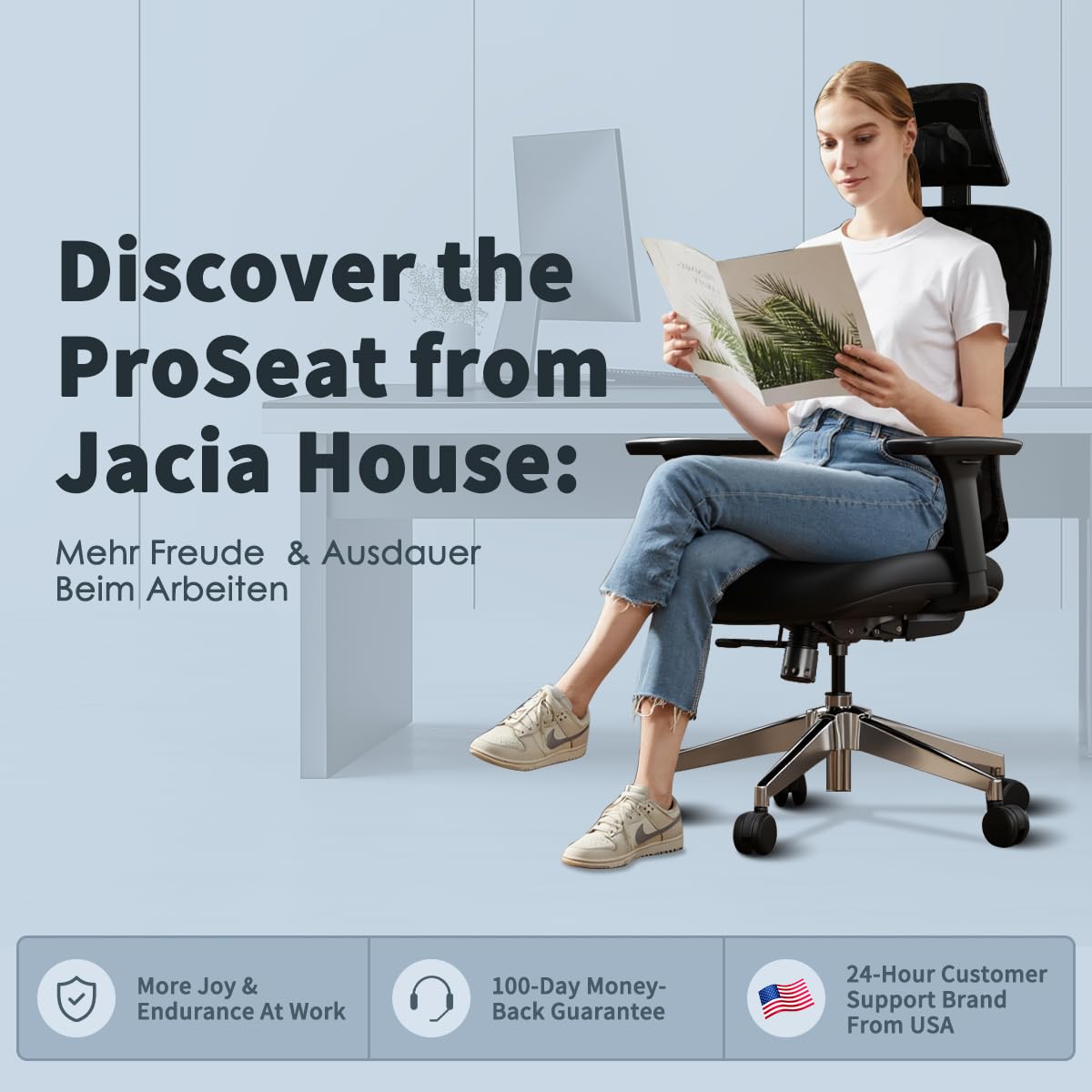Jacia House Blue Ergonomic Mesh Home Office Chair, Big & Tall Gaming Chair - High-Adjustable Lumbar Support, 4D Armrests, 2D Headrest, 90°~135° Tilting with Lock, Swivel Desk Chairs 600lb Capacity
