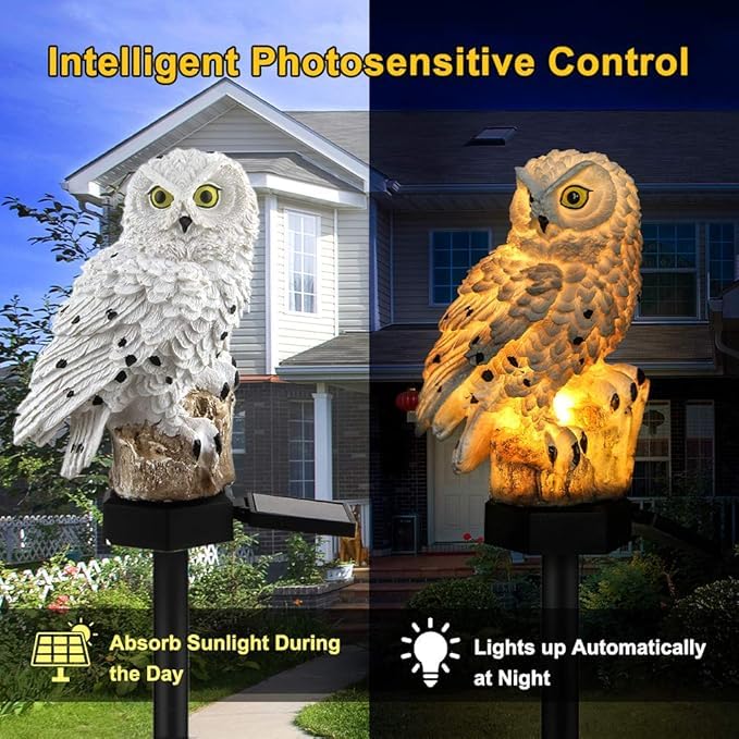 Hoofun Owl Solar Garden Lights 2pcs Waterproof Outdoor Decor LED Lawn Lamp Solar Powered Ornaments for Yard, Patio, Garden Landscape Lighting (White)