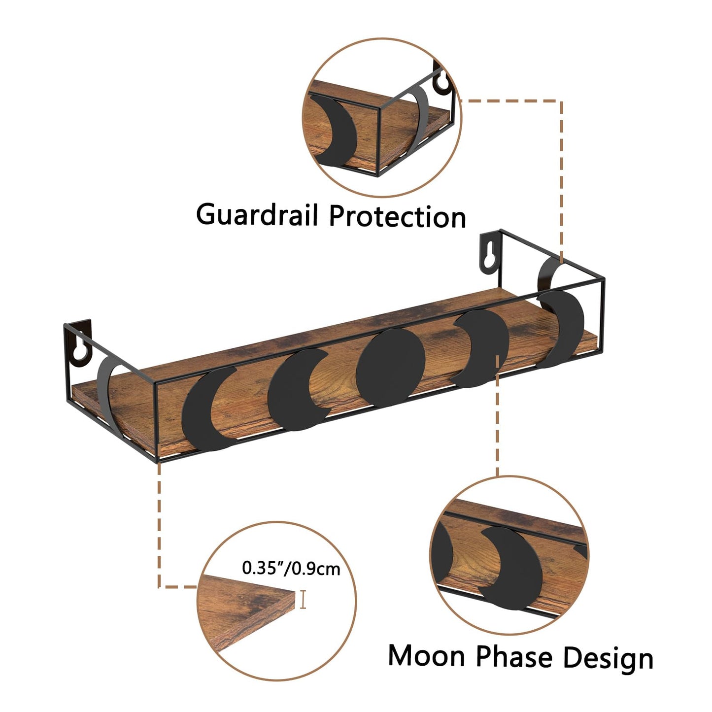 PHAREGE Black and Brown Floating Wall Shelves, Set of 3 Moon Phase Decorative Small Shelves for Bedroom Kid Room, Display Shelf for Crystal Collectibles Figurine