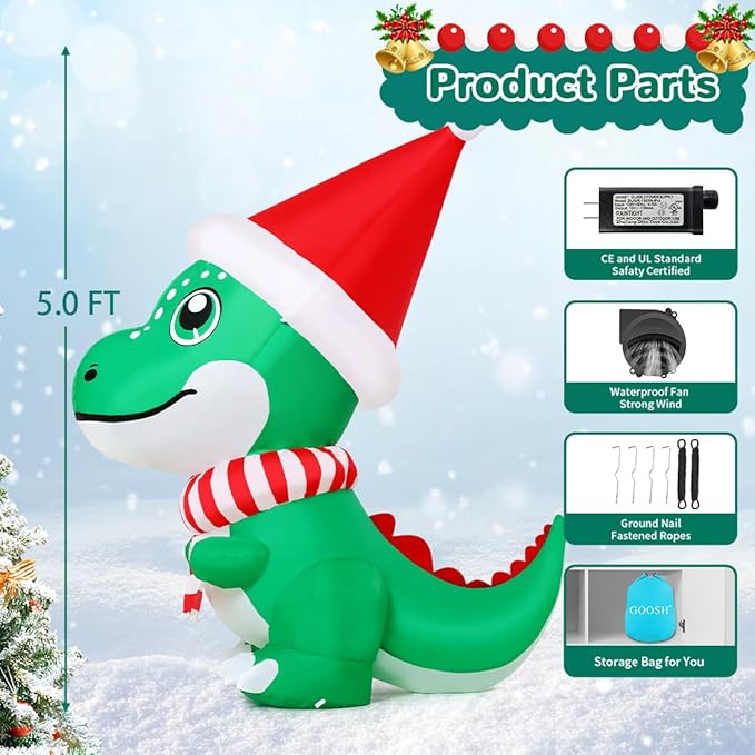 GOOSH 5 FT Christmas Inflatables Dinosaur Outdoor Decorations Blow Up T Rex with Xmas Hat Yard Decorations with Built-in LED Lights for Garden Lawn Indoor Party Décor