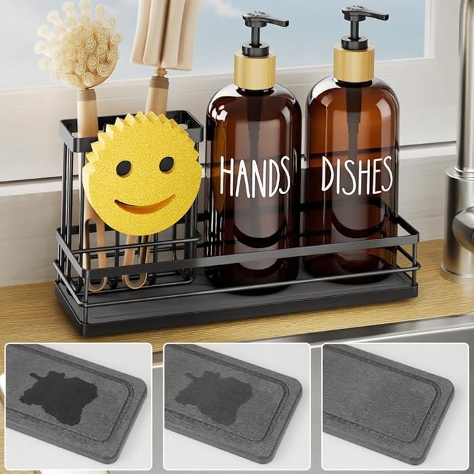 Moforoco Kitchen Dish Soap Dispenser Set, 16OZ Glass Bottle, Hand and Dish Soap