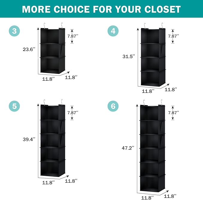 YOUDENOVA Hanging Closet Organizer, 3-Shelf Closet Hanging Storage Shelves
