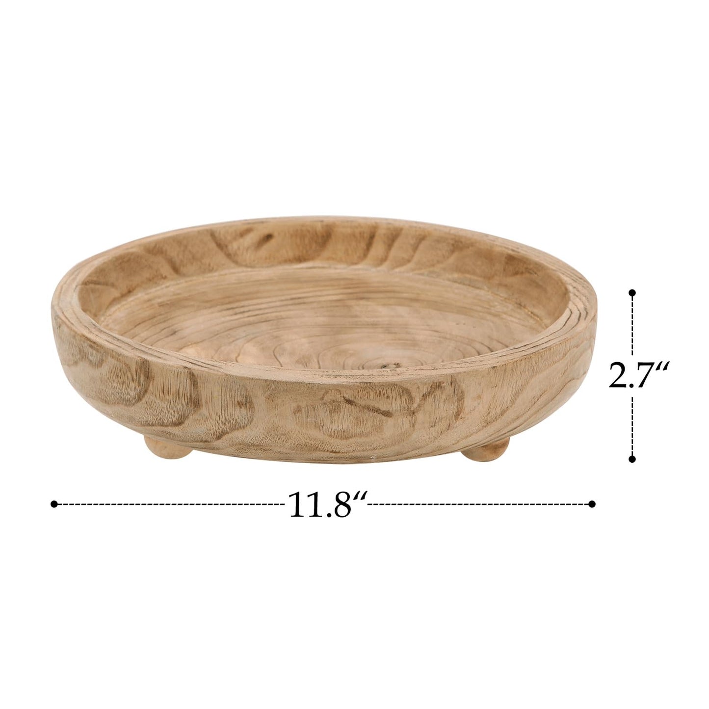 NIKKY HOME 12" Hand Carved Dough Bowls, Paulownia Wood Round Serving Bowl Decorative Wooden Tray, Natural