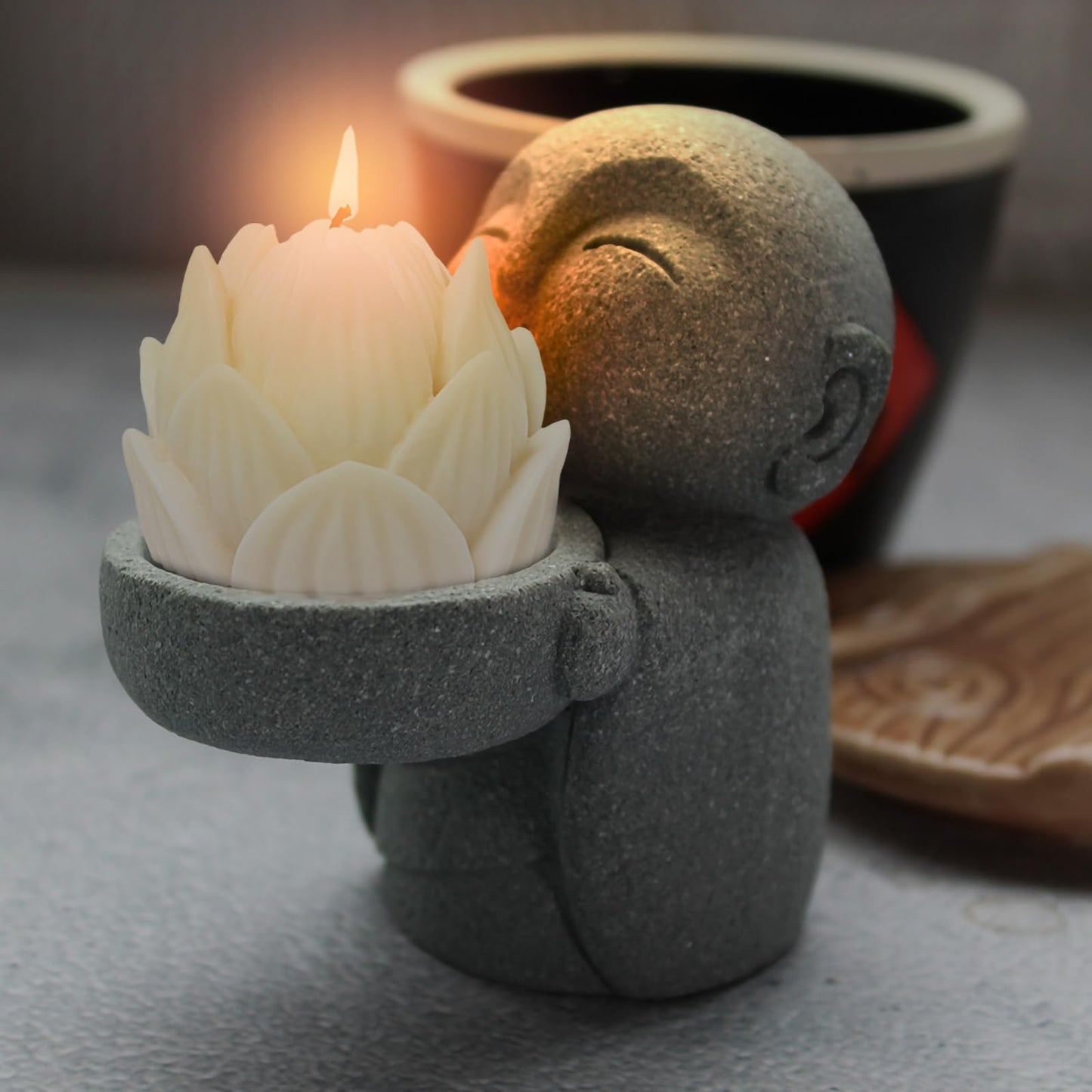 ZKSYLSM Sandstone Buddha Statue Candle & Incense Cone Holder, Small Jizo Figurine for Home Decor, Tiny Buddha Zen Monk Tealight Holder for Desk, Shelf or Nightstand, 3.5" H Mini Stone Decor Gift