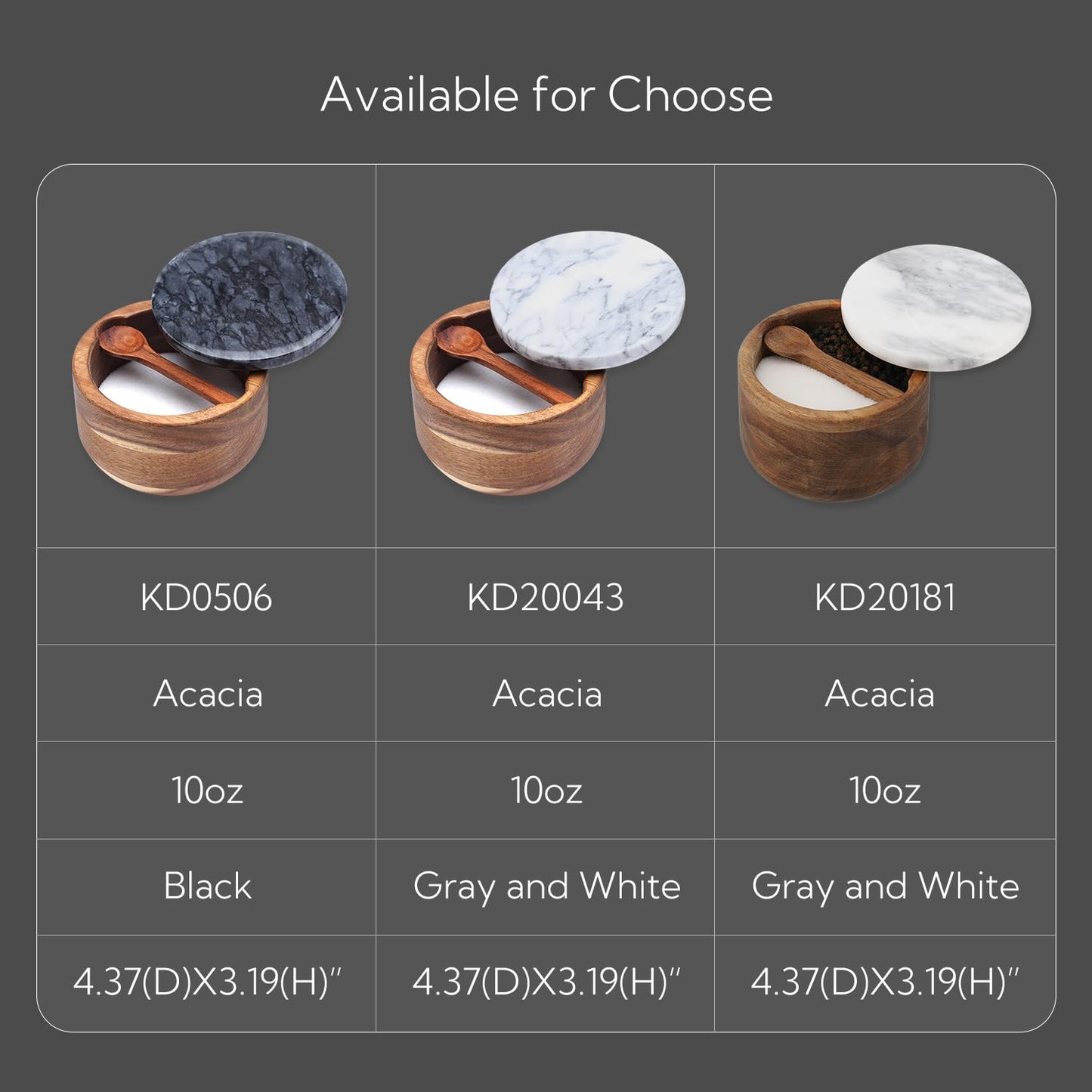 KITCHENDAO Large Acacia Salt Cellar Box Bowl with Built-in Spoon and Marble Lid, Solid Natural Acacia Wood Bath Sea Salt Container, Black Marble Lid, Pepper Sealer Pinch Bowl, 10oz Capacity