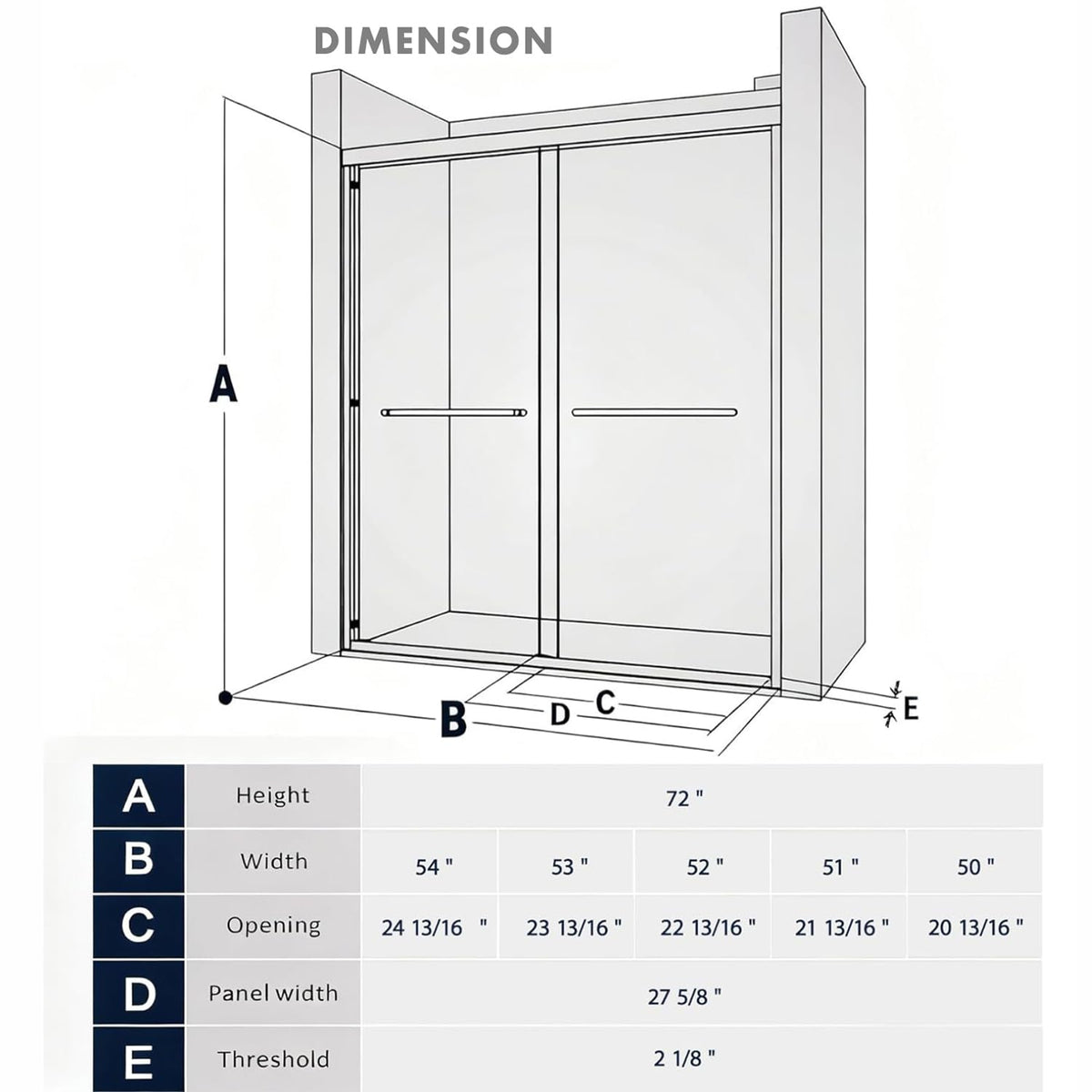 50''-54" W×72" H Black Shower Doors Glass Sliding 54 Inches,Semi Frameless Bathroom Sliding Glass Shower Door,Walk in Shower with 1/4" (6mm) Clear SGCC Tempered Glass