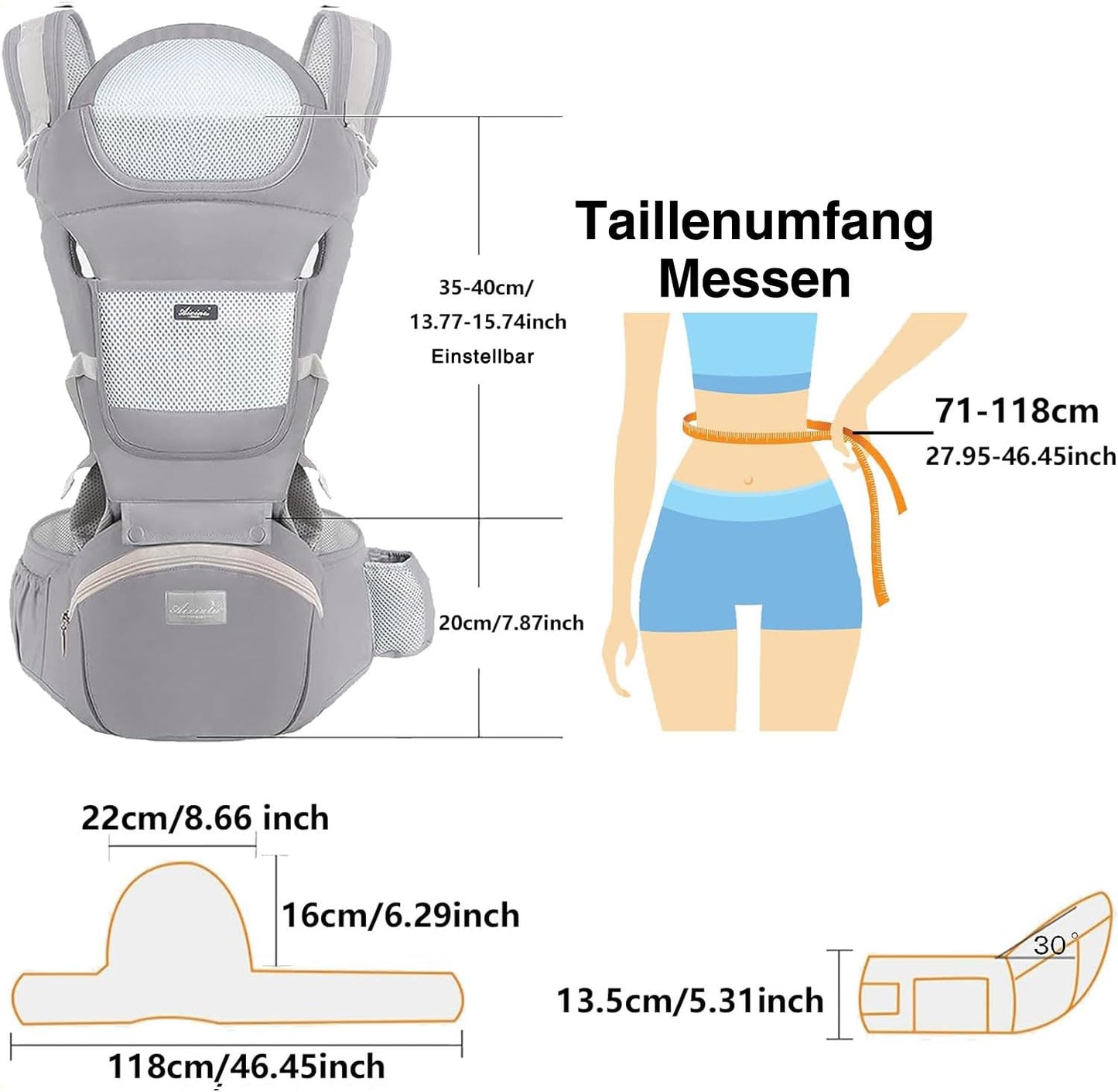 TOFFCAE Baby Carrier - Multifunction, Ergonomic, 6-in-1 Carrying Ways, Adjustable with Hip Seat, Newborn to Toddler (0-36 Months, 3-30 kg), Grey