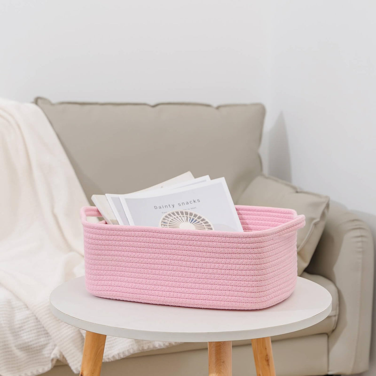 CubesLand Cute and Durable Small Cotton Rope Basket for Organizing, Woven Closet Storage Bin,Shelves Closet Storage Basket, Bathroom Storage Organizer Bin, Nursery Toy Basket Bin, Pink Basket