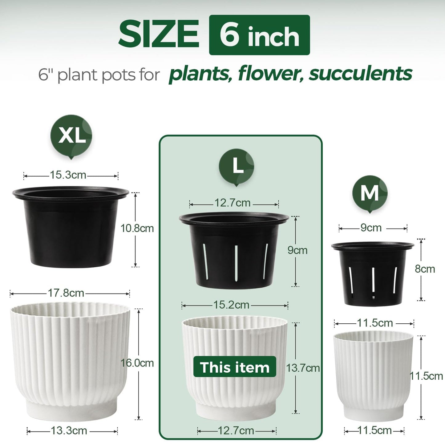 T4U 6 Inch Self Watering Pots for Indoor Plants, 6 Pack White Plastic Flower Pots for All House Plants, Flowers, African Violets