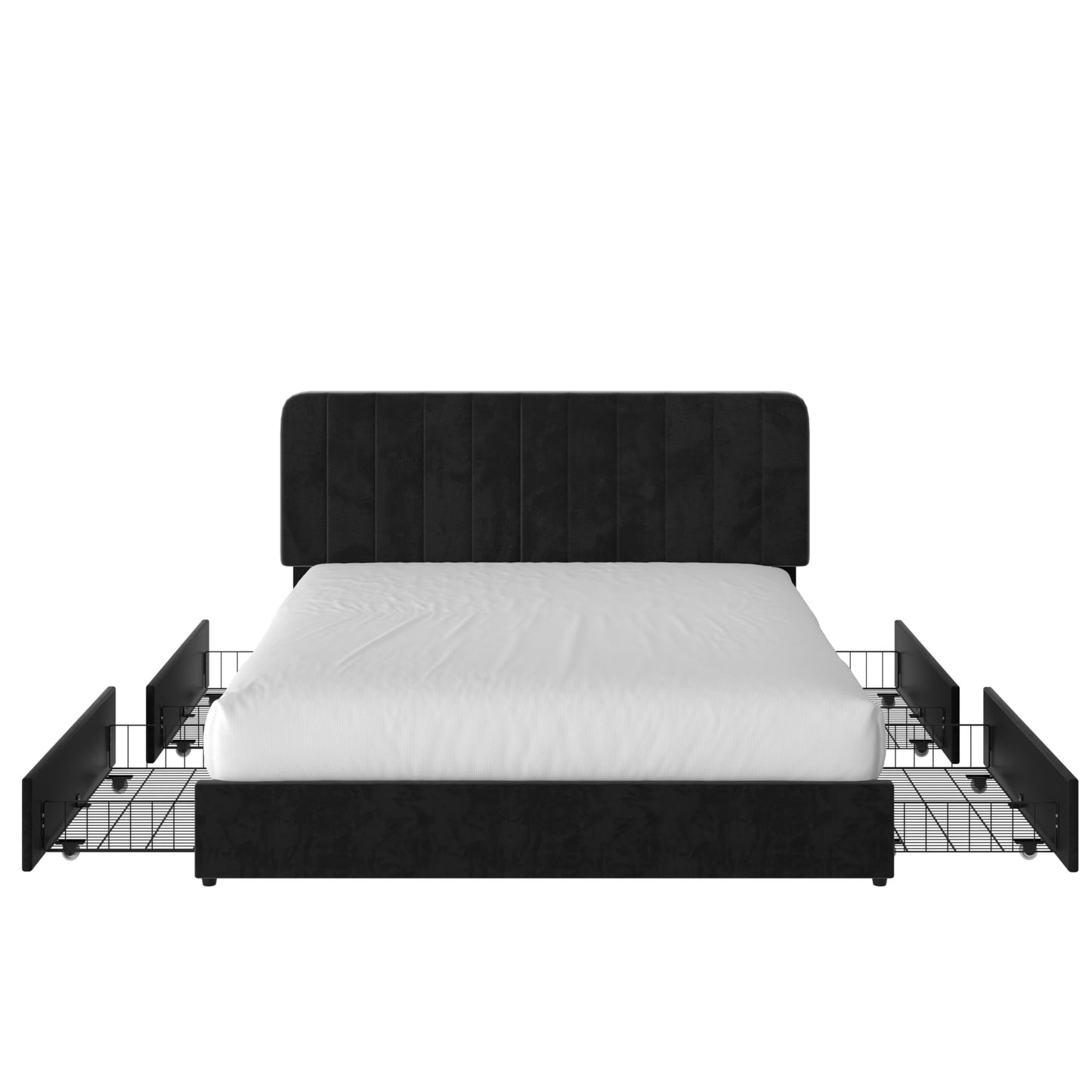 VECELO Queen Size Upholstered Bed Frame with 4 Drawers and Headboard, Velvet Platform Storage Bedframe, Wooden Slats Support, No Box Spring Needed,Black