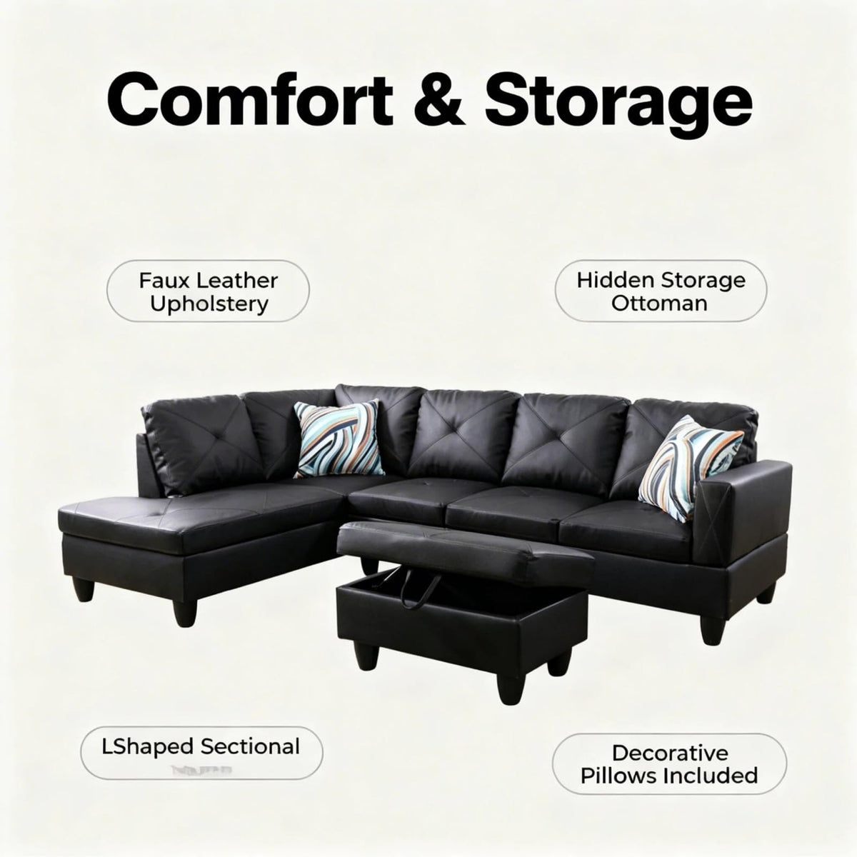 Trygoal 97 inch L-Shape Sofa with Storage Ottoman, Leather Sectional Couch with Left Chaise, Modern 3-Piece Sofa Set, Upholstered Couch Set with Solid Wood Frame for Apartment, Loft, Black