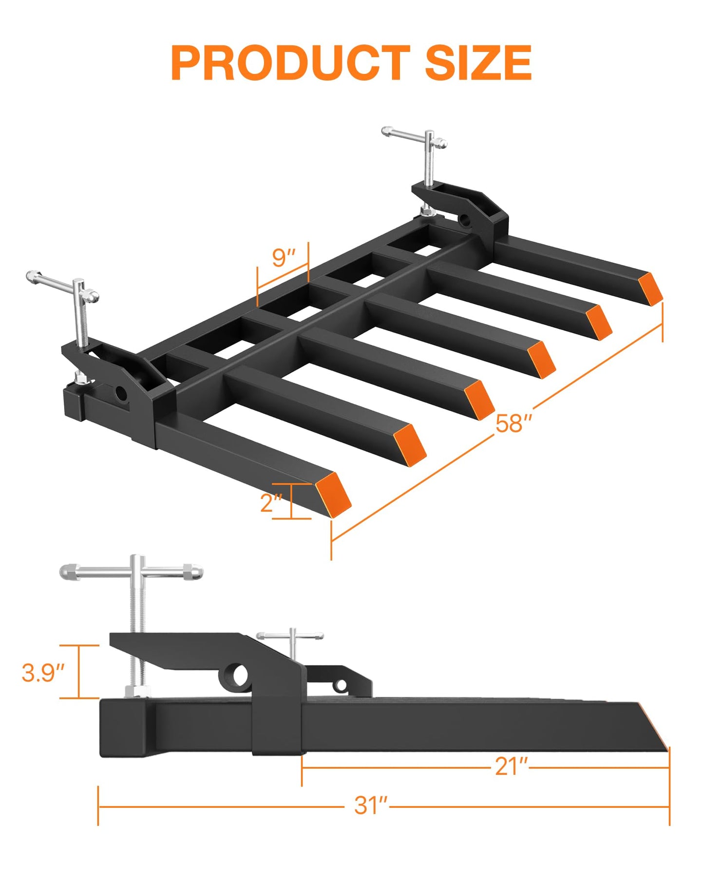 58Inch 4000lbs Pallet Forks Heavy Duty Tractor Forks with Adjustable Stabilizer Bar and 6 Forks Configuration for Tractor Attachments, Skid Steer, Loader Bucket