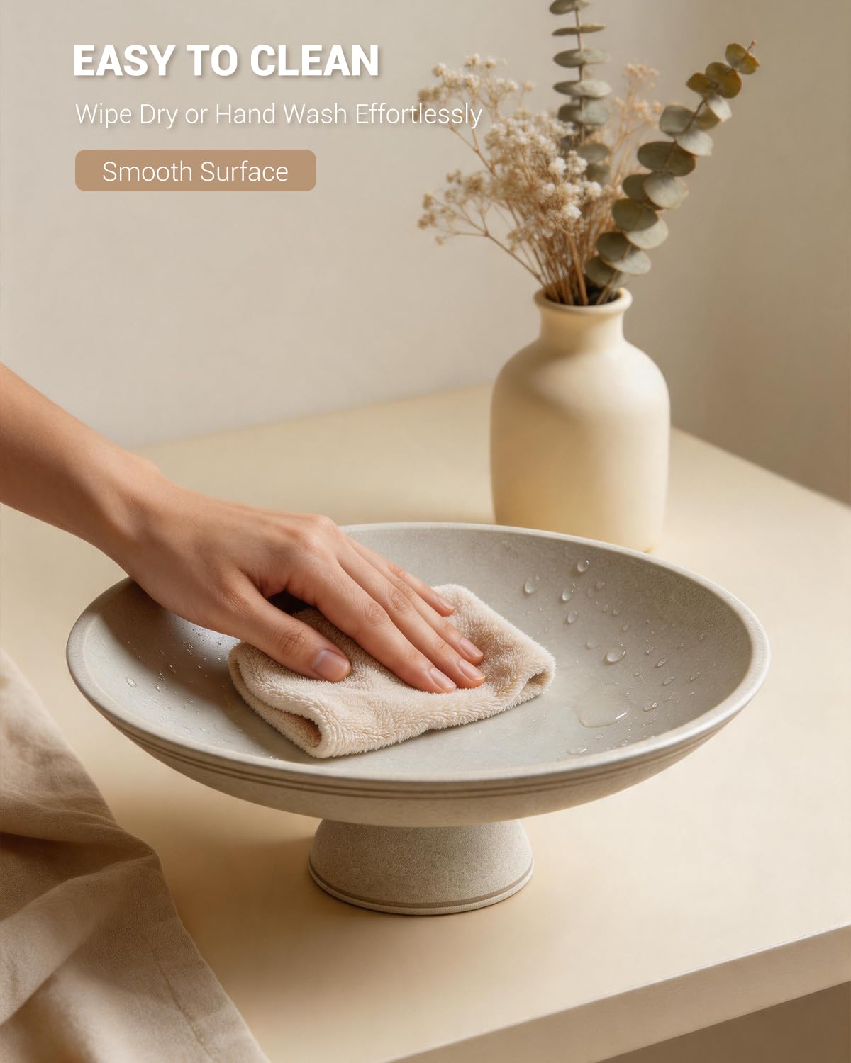 Coiesol Large Decorative Bowl, Handcrafted Beige Resin Pedestal Centerpiece, Fruit Bowl for Kitchen Counter, Durable Catch-All Dish and Entryway Key Holder, Modern Home Decor, 11.7 in
