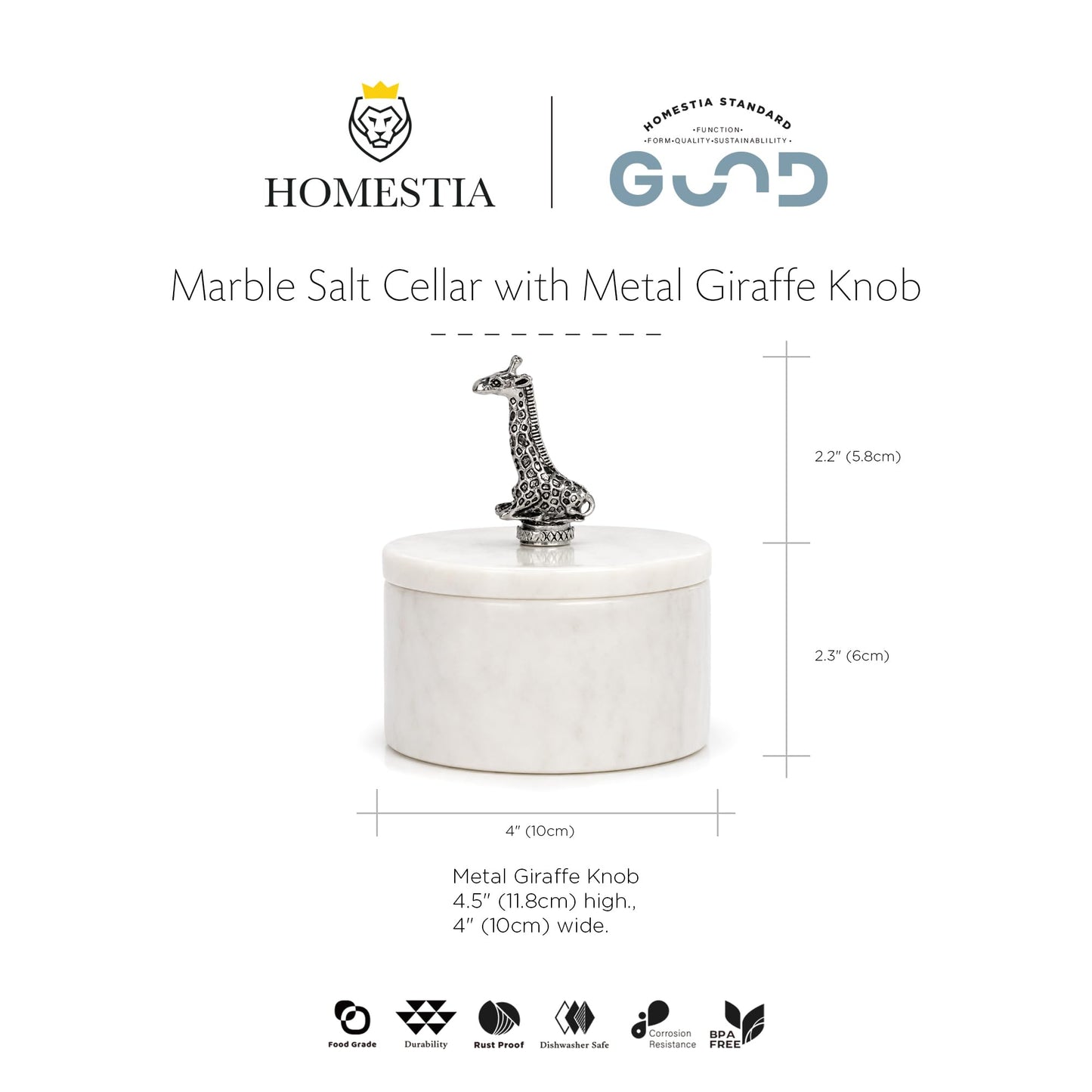 Homestia Natural Marble Spice Cellar with Giraffe Lid, White Stone Salt Box for Pink Himalayan Salt, Sea Salt, Pepper, Herbs and Spices, Elegant Kitchen Countertop Seasoning Container