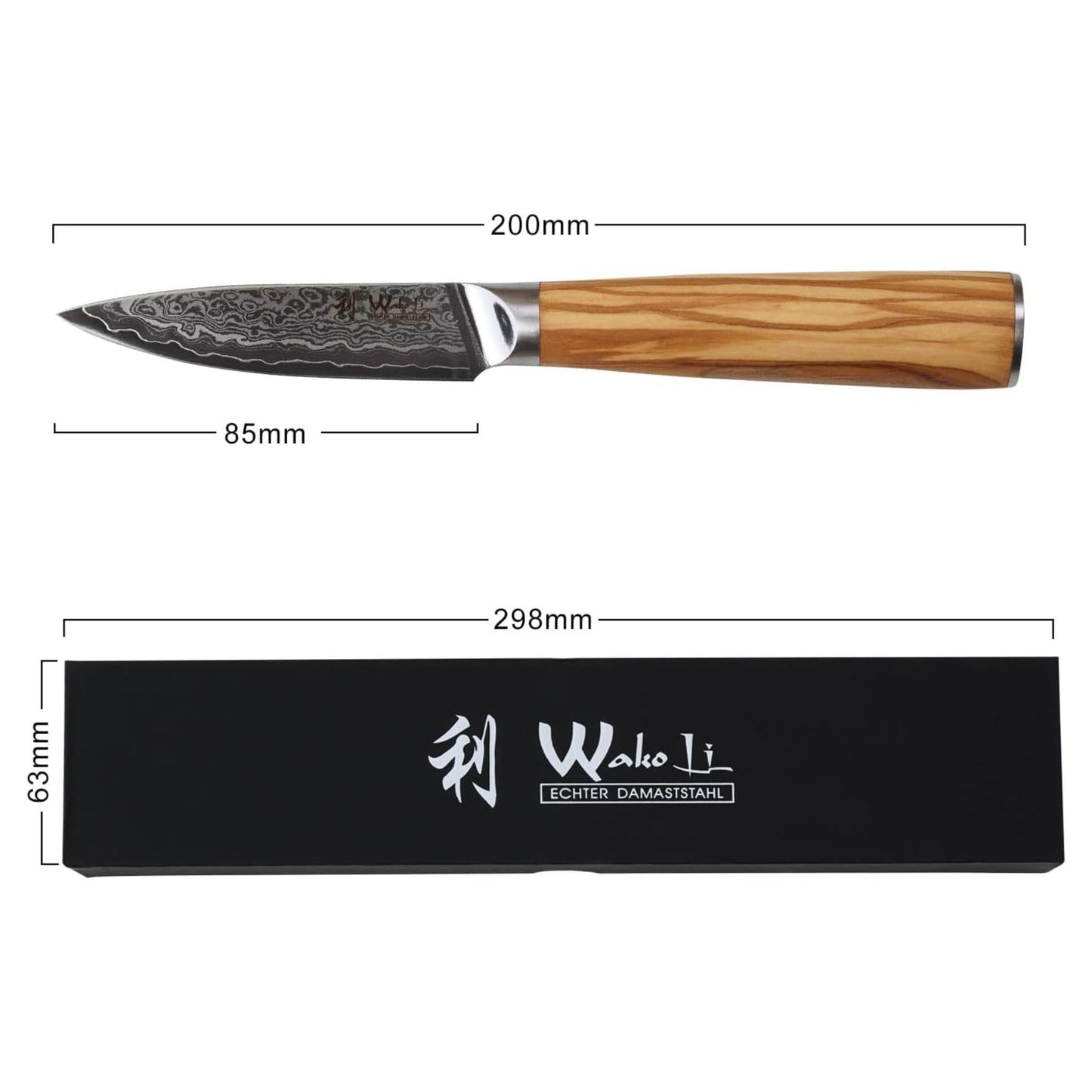 Wakoli Oribu Damascus Paring Knife – Full Tang Kitchen Knife | 3.4-Inch Blade Made of 67-Layer Damascus Steel with VG10 Core, Ergonomic Olive Wood Handle in Elegant Gift Box