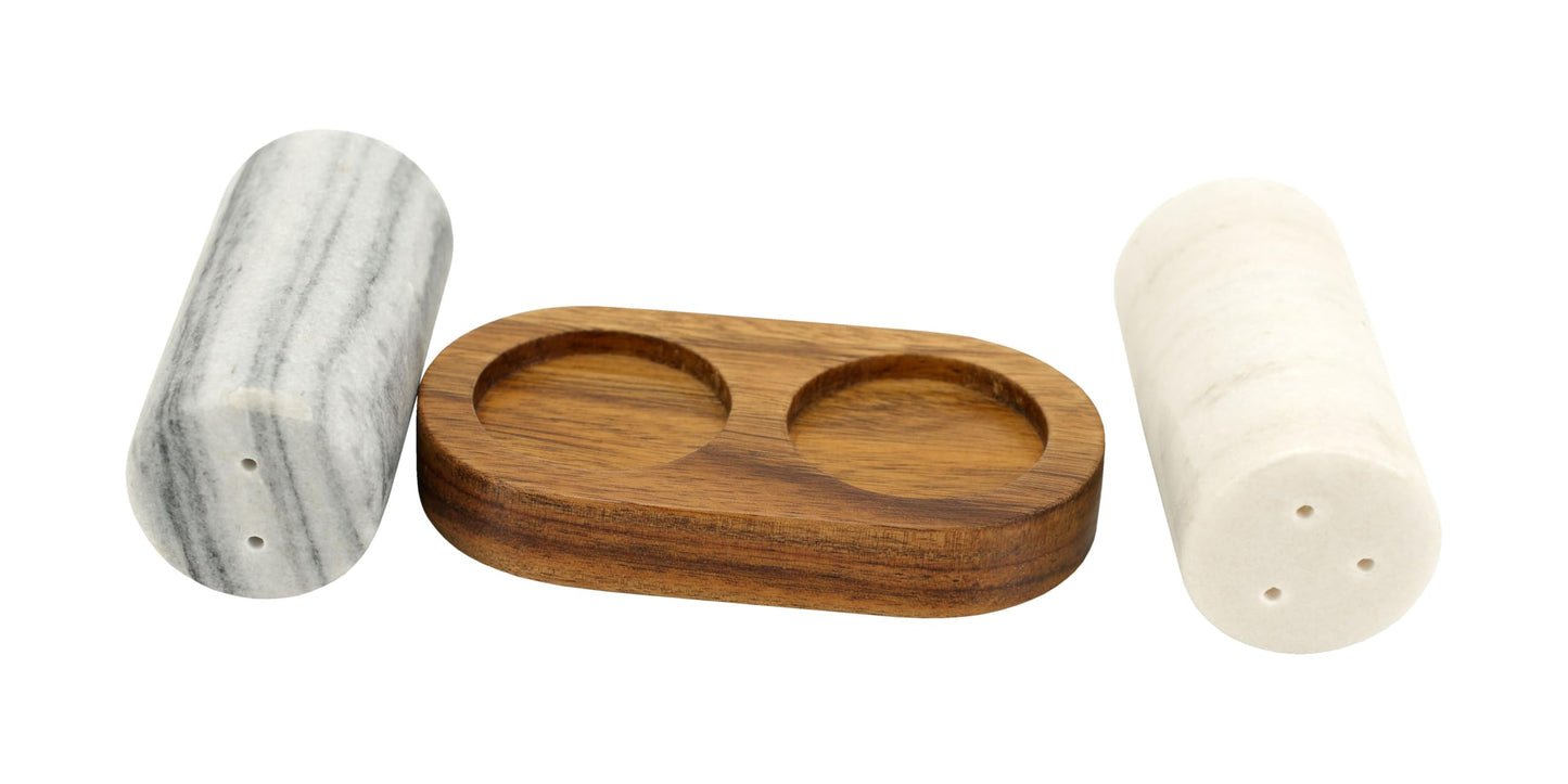 Spiretro Elegant Marble Salt and Pepper Shaker Set with Acacia Wood Holder - Real Grey and White Marble Cylindrical Shakers for Kitchen Shelf, Table or Spice Rack - 1.75” x 3.75” Each