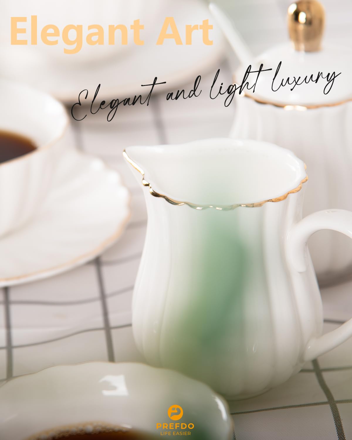 Prefdo Porcelain Sugar and Creamer Set, British Style Creamer Pitcher and Sugar Jar, Sugar Set with Lid & Spoon, Coffee Serving Set for Home Coffee Tea Party