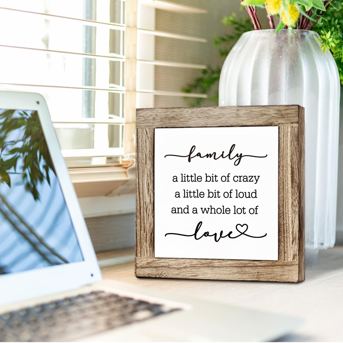 Rustic Family Wood Block Plaque Box Sign, Housewarming Gifts for New Home House, Farmhouse Square Desk Decor Sign for Home Living Room Bedroom-Family A Little Bit of Crazy