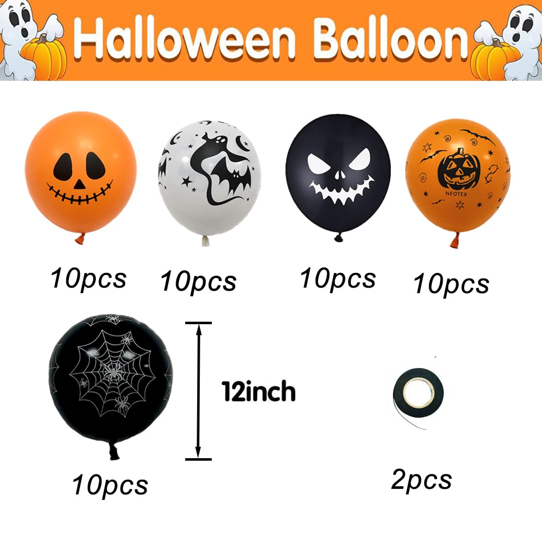 Halloween Decoration Balloons, 50pcs 12 Inch Black Orange White Halloween Balloons Bat Spooky Pumpkin Spider Web Halloween Balloons for Halloween Party Decoration Outdoor Home, Yard Backdrop Party
