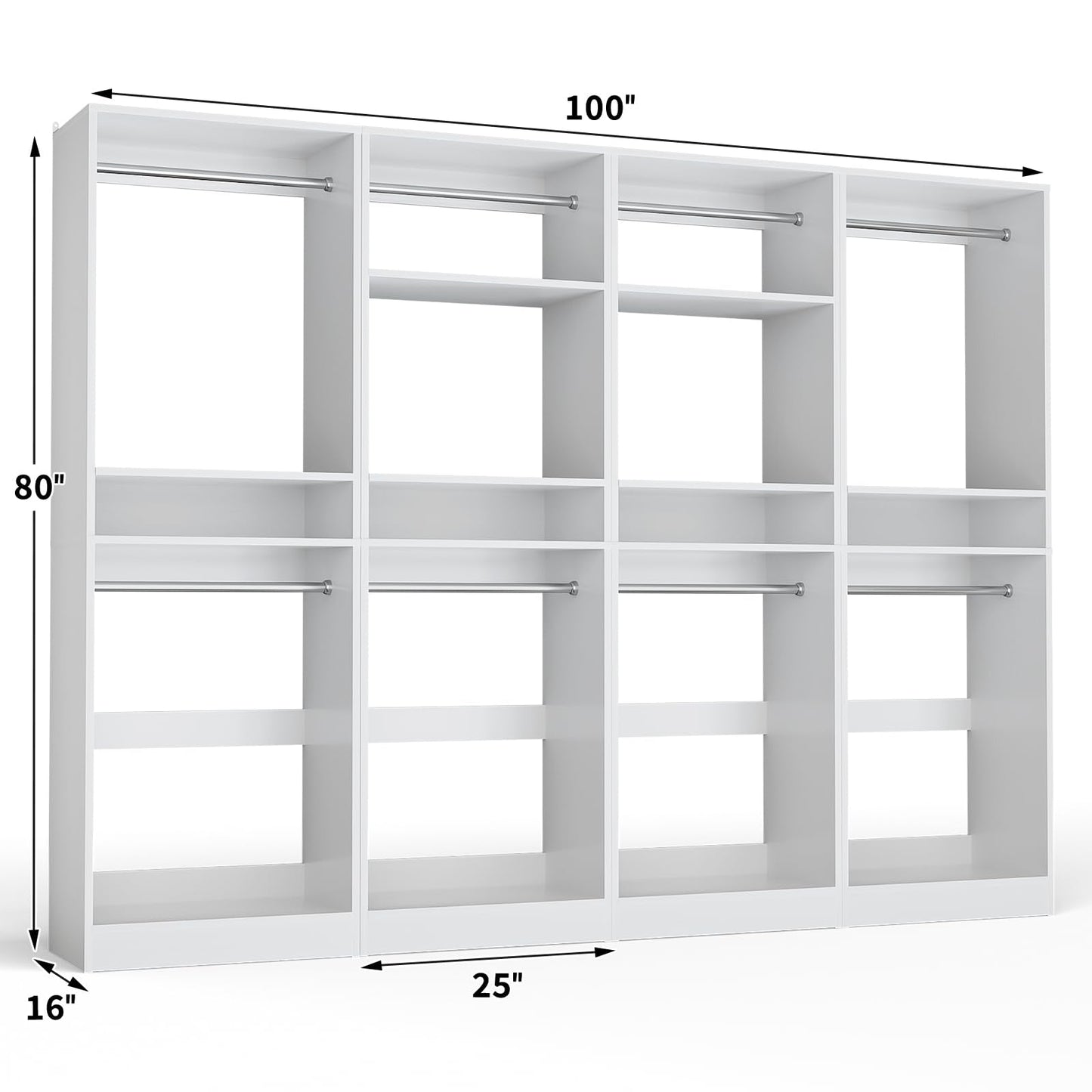 Unikito 100” Closet System, 8.3FT Wood Closet Storage Organizer with 8 Hanging Rods, Adjustable Large Walk in Wardrobe Closet Tower, Sturdy Clothes Garment Rack, Easy Assembly, Set of 4, White