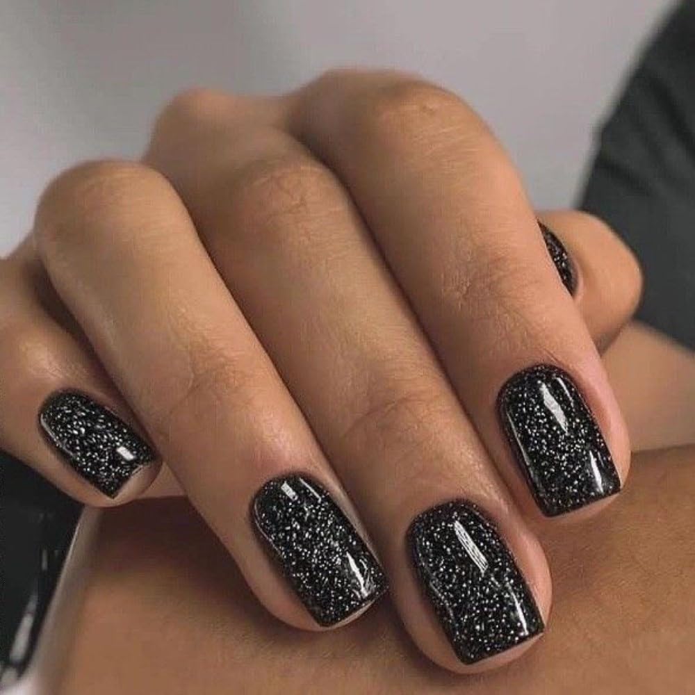 Modelones 32Pcs Sparkle Black Press on Nails, Glitter Short Fall HalloweenSquare Fake Nails, Reusable Nail Kit with Nail Glue Adhesive Tabs Mini Nail File, Nails Press Ons 16 Sizes