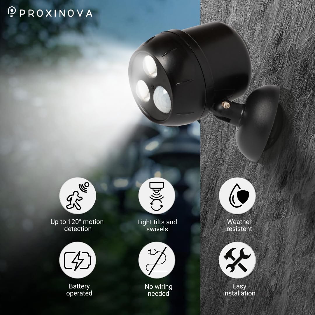 Proxinova Outdoor LED Security Lights, Motion Sensor Lights Outdoor, Outdoor Lights Battery Powered, PIR Sensor, Bright LED Floodlight Battery Powered Outdoor Lights, Compact & Easy Fit, 2 Pack