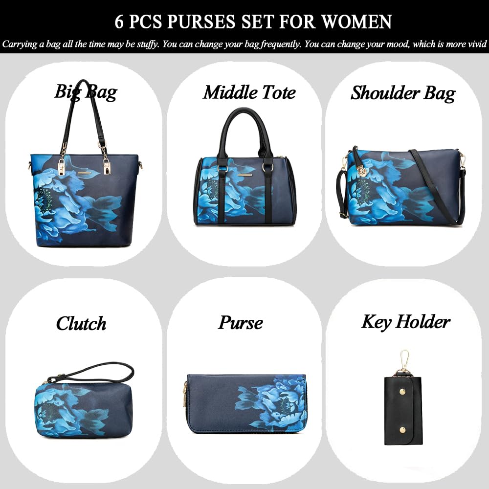 2E-youth Women's Set Tote Handbag Satchel Shoulder Bag Purse, 1d-Black&Blue, L