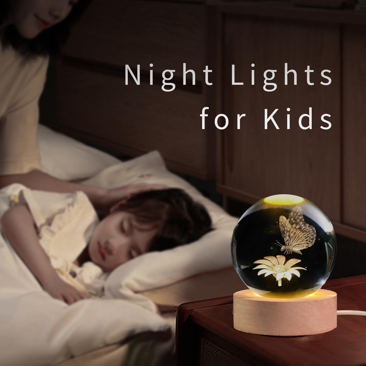 AOFEGRLT 3D Laser Etched Butterfly Crystal Ball with Stand, 60mm Glass Sphere Decorative Balls, Crystal Butterfly Figurine Lamp Night Light Gifts for Women Girls Mom Kids